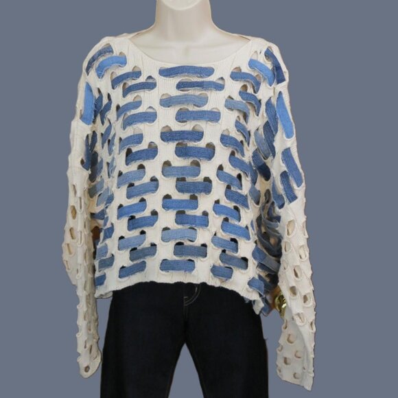 Shannon Passero Ivory & Blue Denim Pullover Sweater 100% Cotton Weaving Small - Picture 1 of 9